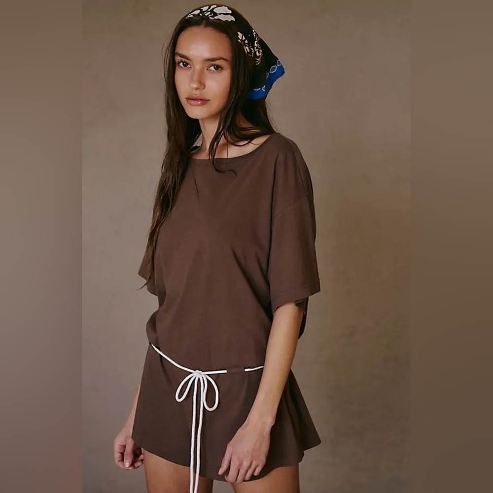 NWOT Free People Monet T-Shirt Romper Waist Self Belt Relaxed Fit Brown Sz M